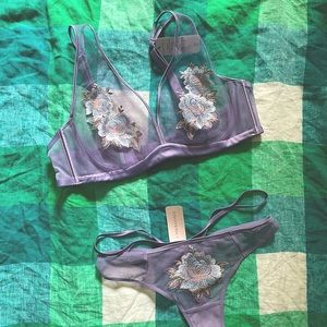 Moonlight Sheer Plunge Mauve Floral Embroidered Bra & Matching Thong
